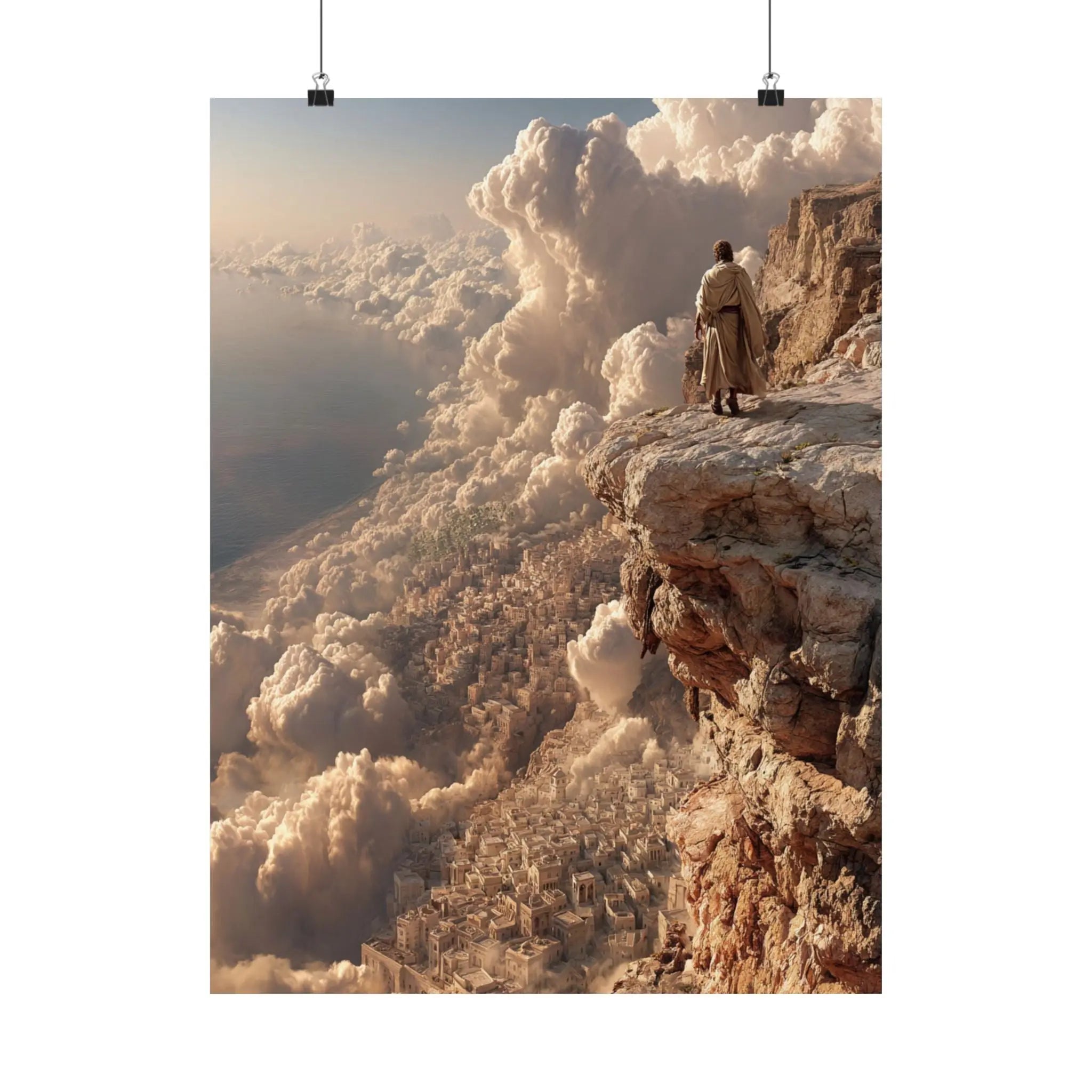 Satin Poster — Solitary Figure on Cliff Above Golden Clouds (210gsm) Printify