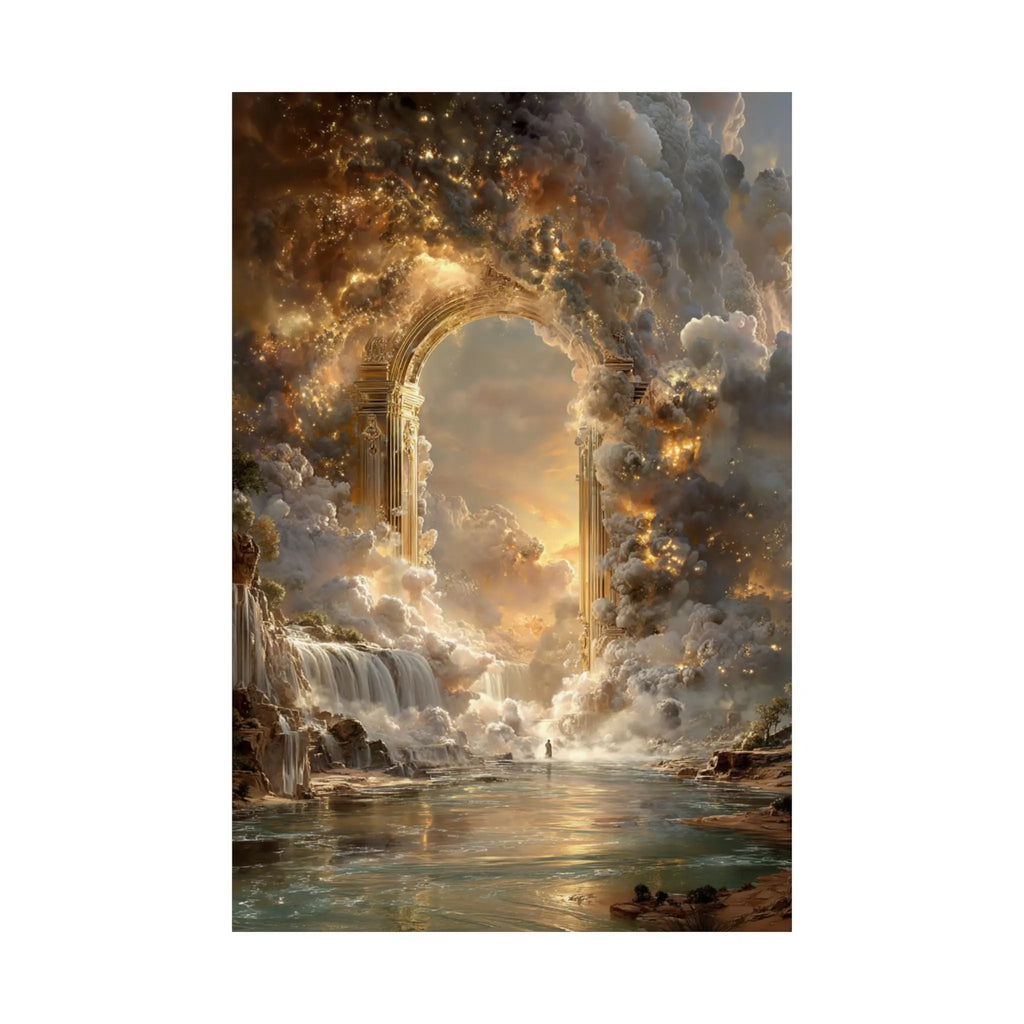 Heavenly Arch Satin Poster — Ethereal Golden Clouds & Waterfall Wall Art Printify