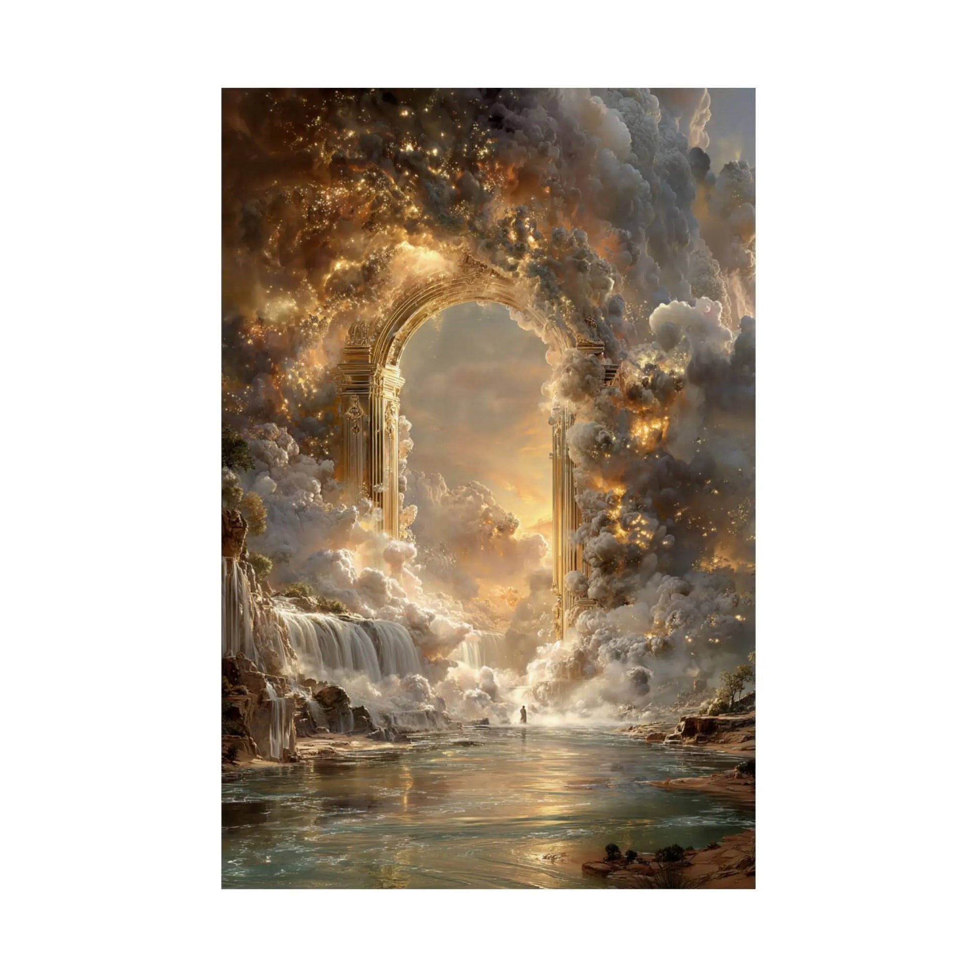 Heavenly Arch Satin Poster — Ethereal Golden Clouds & Waterfall Wall Art Printify