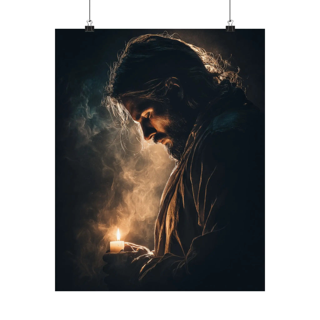 Religious Satin Poster — Jesus Holding Candle Wall Art Printify