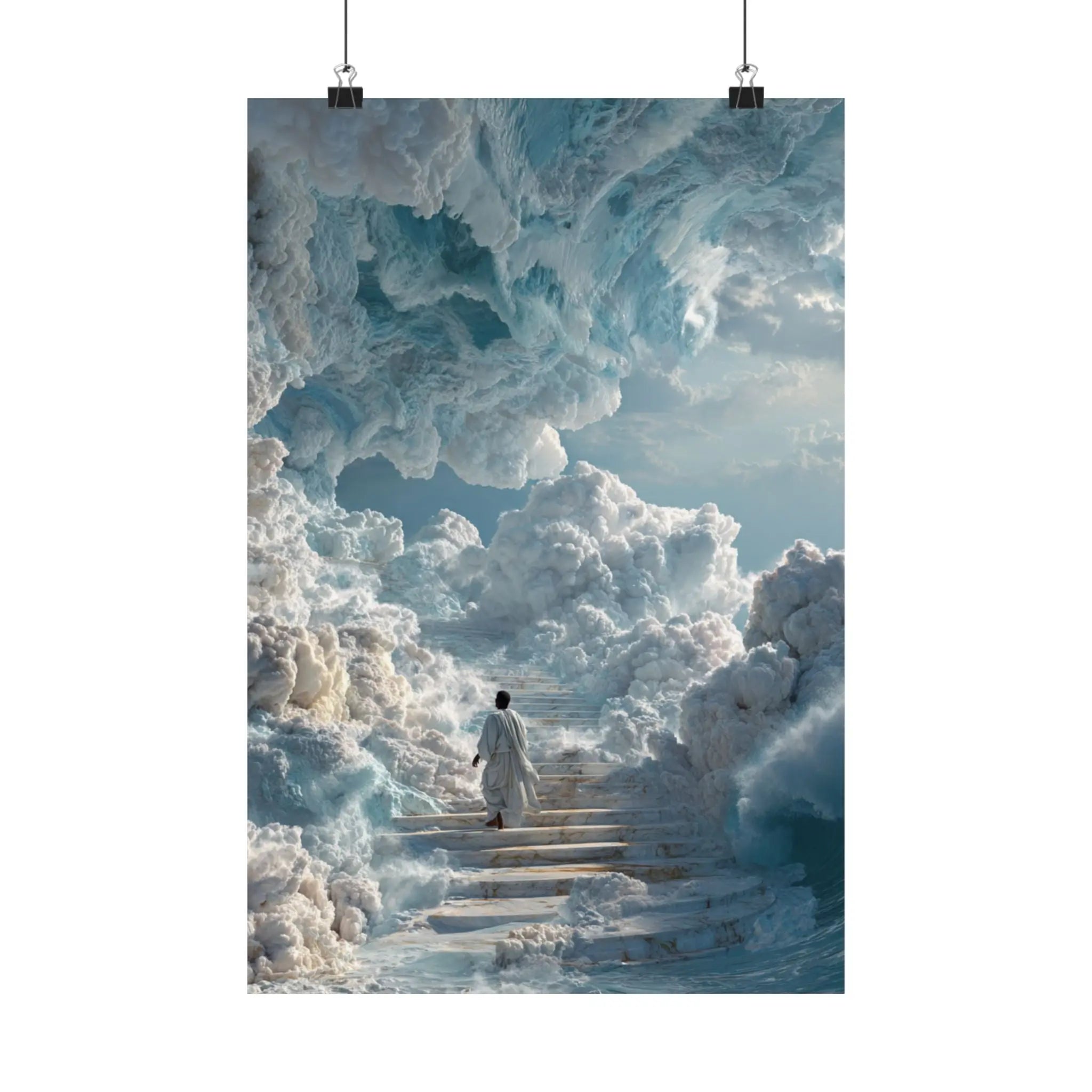 Heavenly Stairway Satin Poster — Ethereal Cloudscape Wall Art Printify