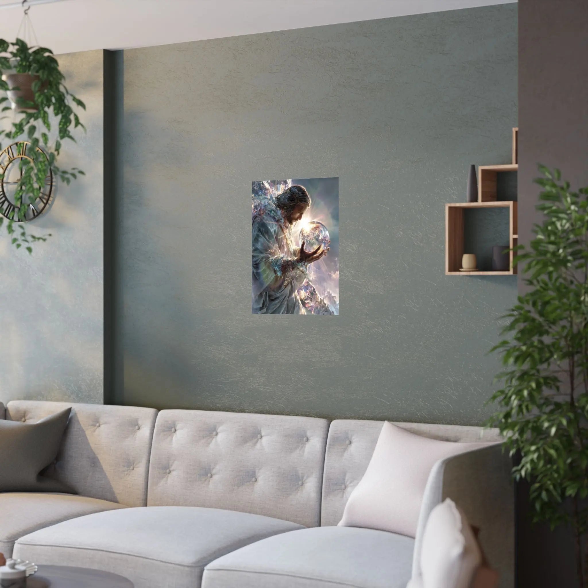 Jesus Holding the World Satin Poster — Spiritual Christian Wall Art Printify