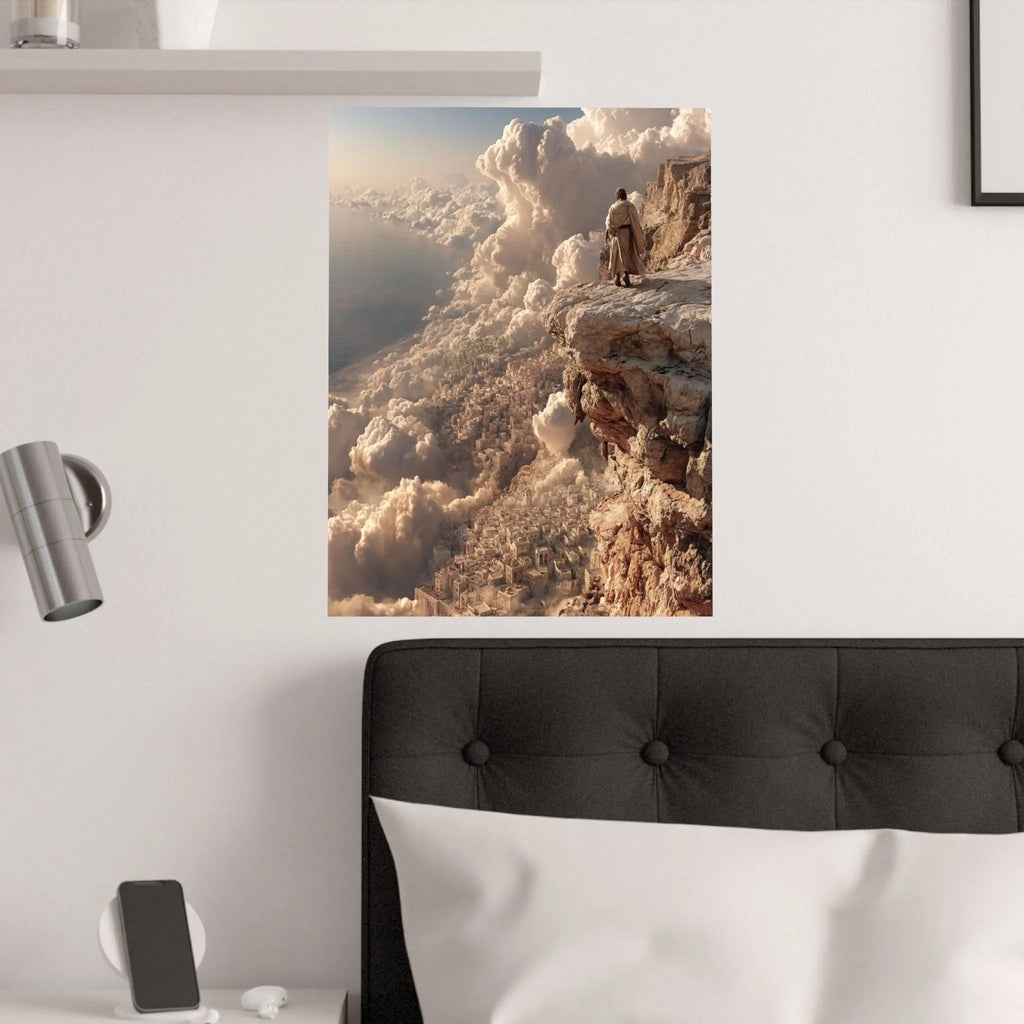 Satin Poster — Solitary Figure on Cliff Above Golden Clouds (210gsm) Printify