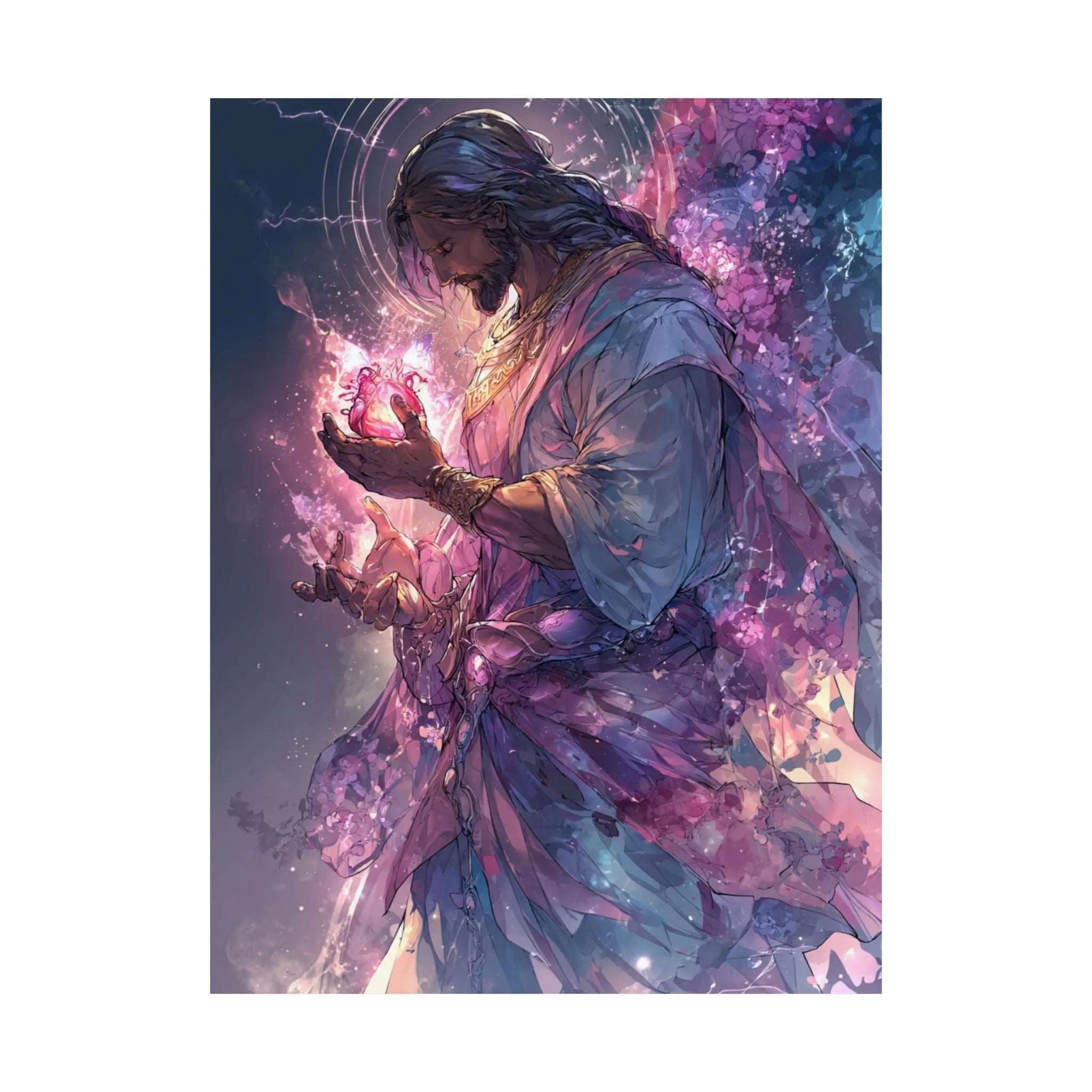 Satin Poster — Radiant Christ Holding Heart Illustration (210gsm) Printify