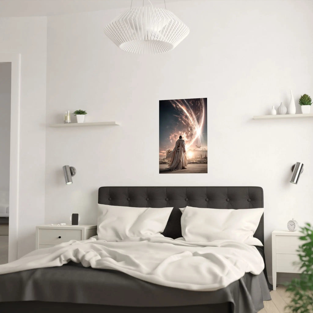 Epic Sci‑Fi Poster — Lone Figure Walking Toward Stellar City (Satin 210gsm) Printify