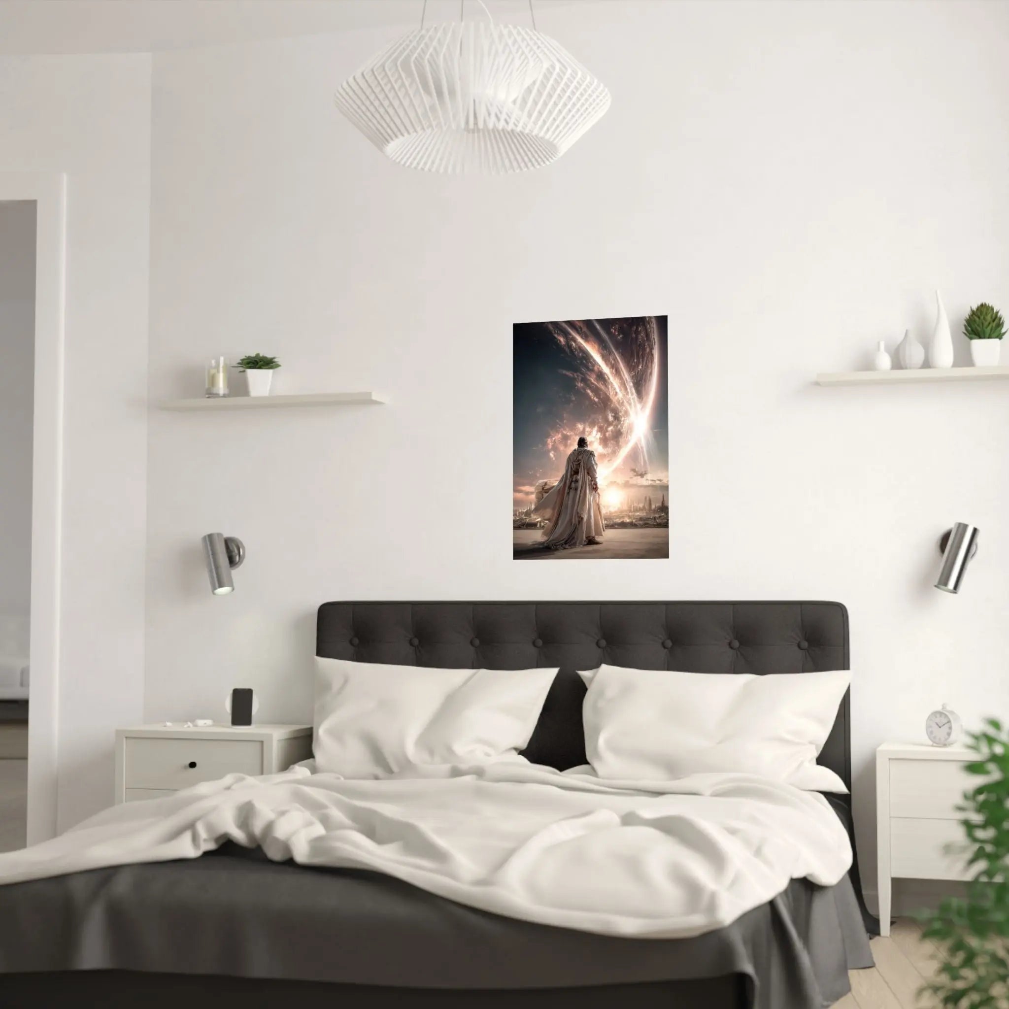 Epic Sci‑Fi Poster — Lone Figure Walking Toward Stellar City (Satin 210gsm) Printify