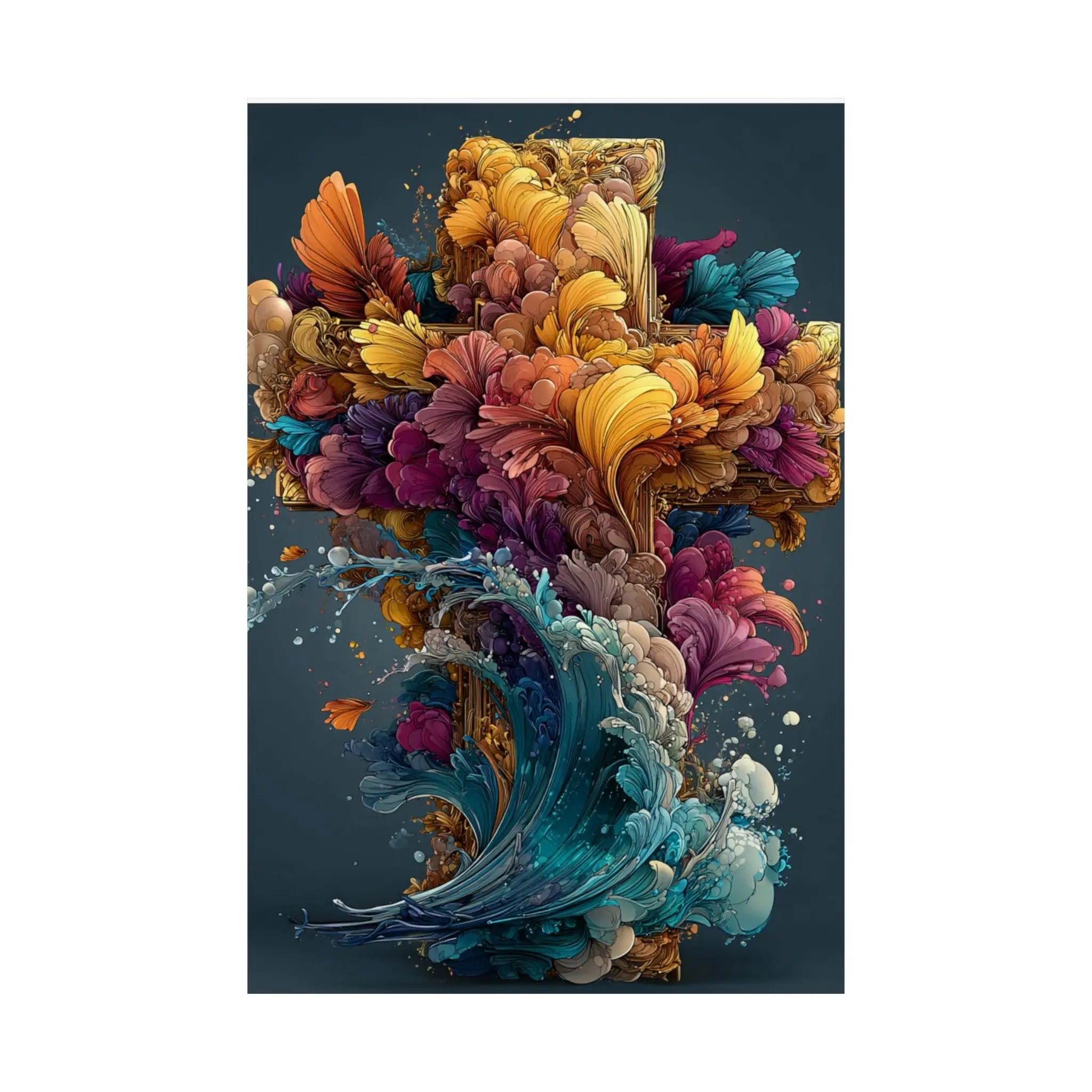 Abstract Floral Cross Satin Poster — Colorful Surreal Wall Art Print Printify