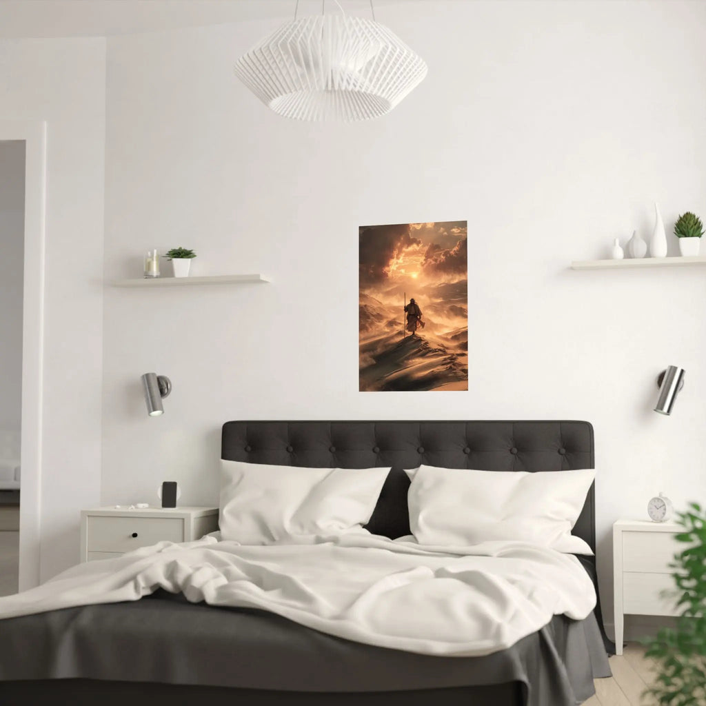 Satin Poster — Jesus on Fiery Dunes Sunset Wall Art Printify