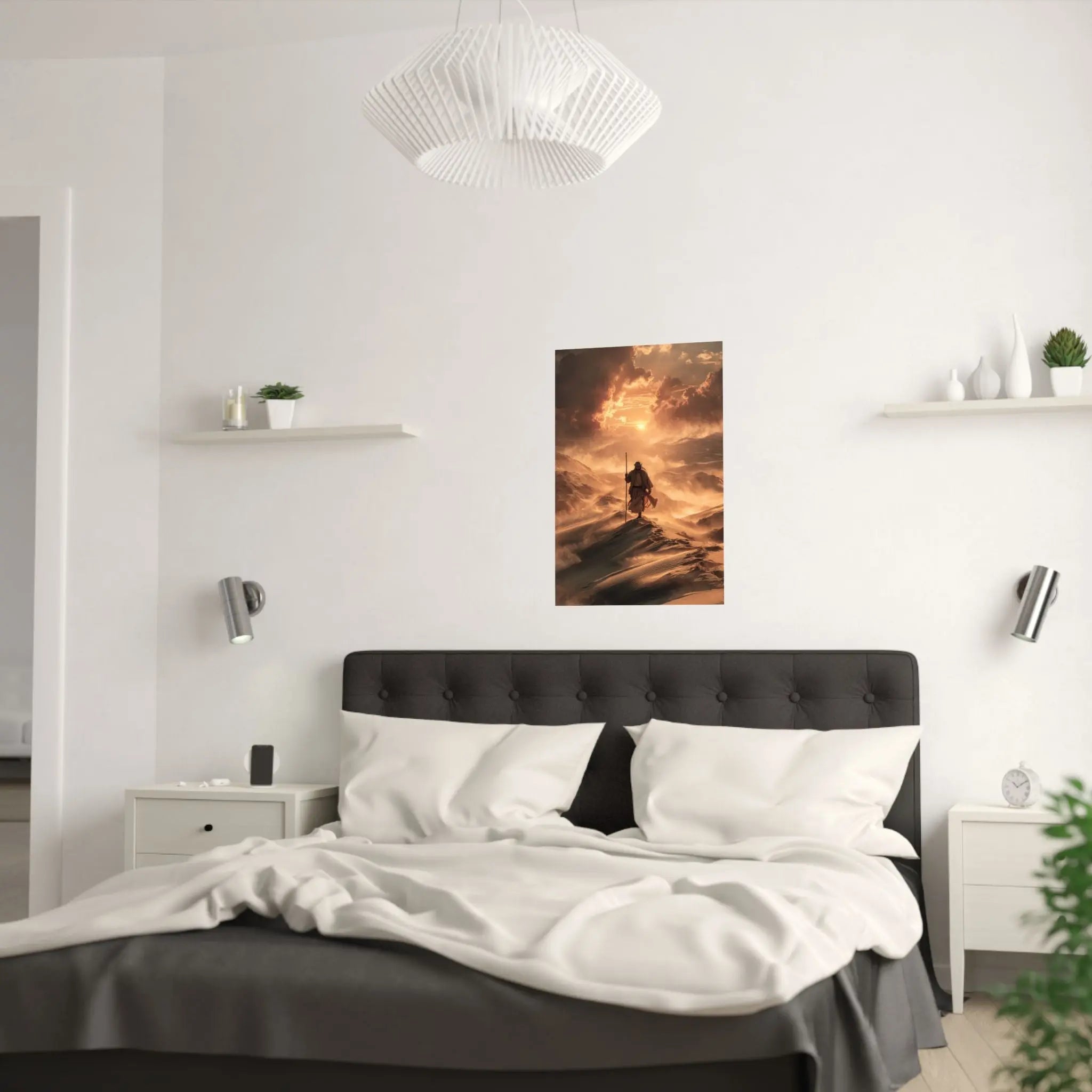 Satin Poster — Jesus on Fiery Dunes Sunset Wall Art Printify