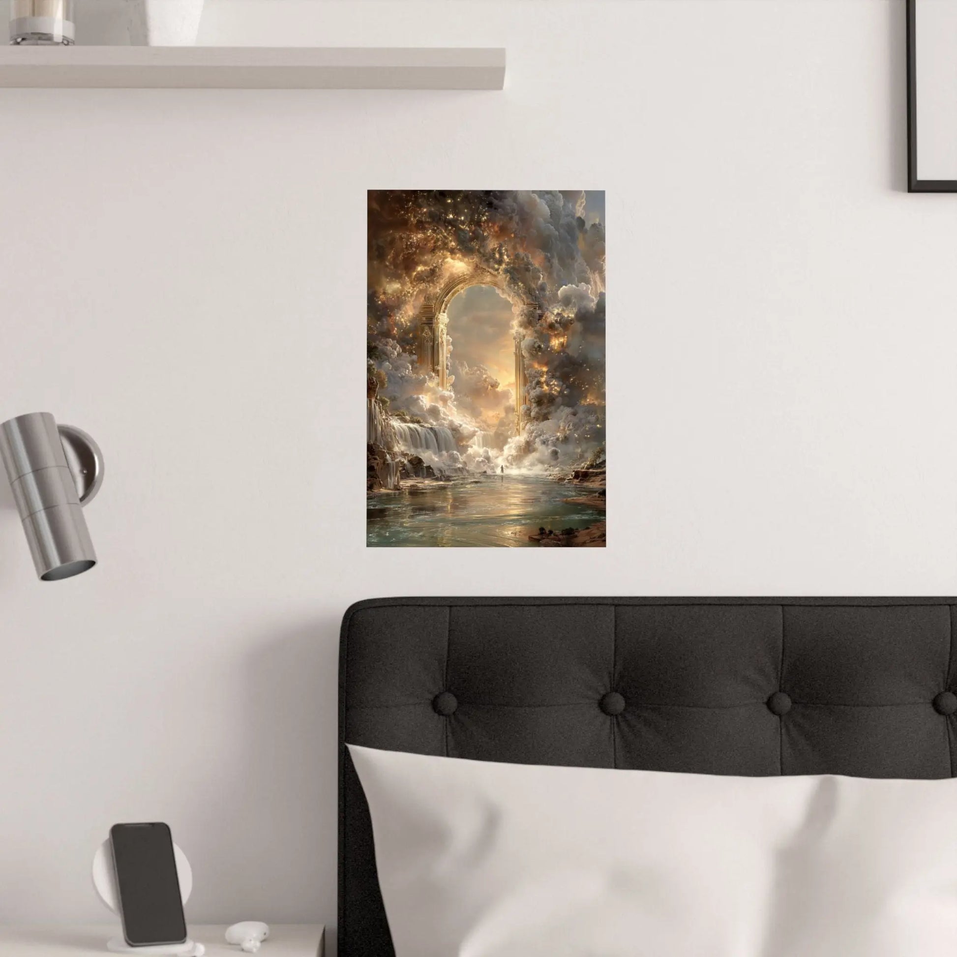 Heavenly Arch Satin Poster — Ethereal Golden Clouds & Waterfall Wall Art Printify