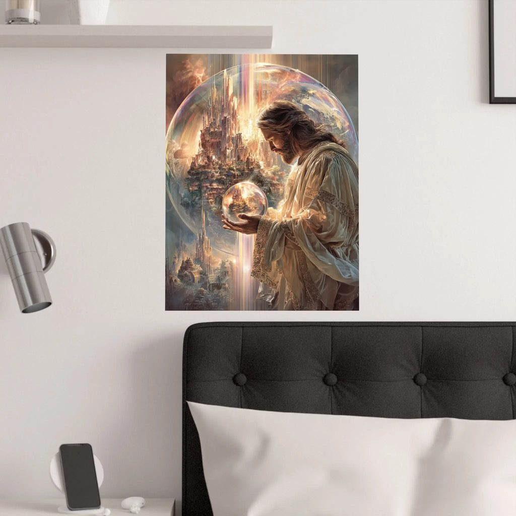 Satin Poster — Jesus The Spiritual Guardian Holding Lighted Globe (210gsm) Printify