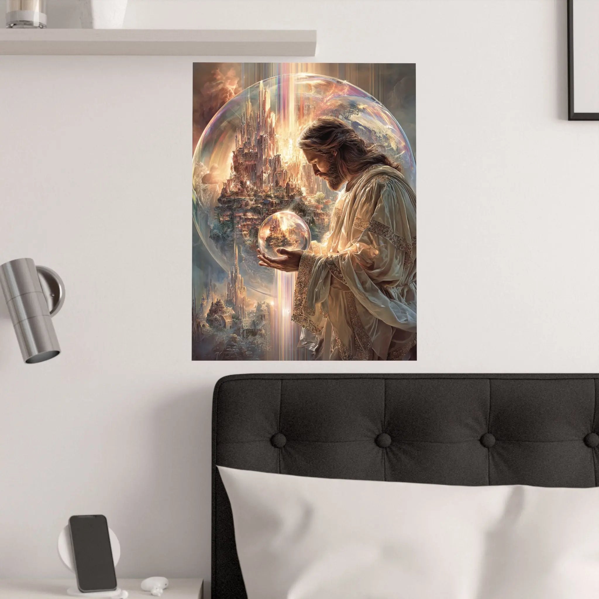 Satin Poster — Jesus The Spiritual Guardian Holding Lighted Globe (210gsm) Printify