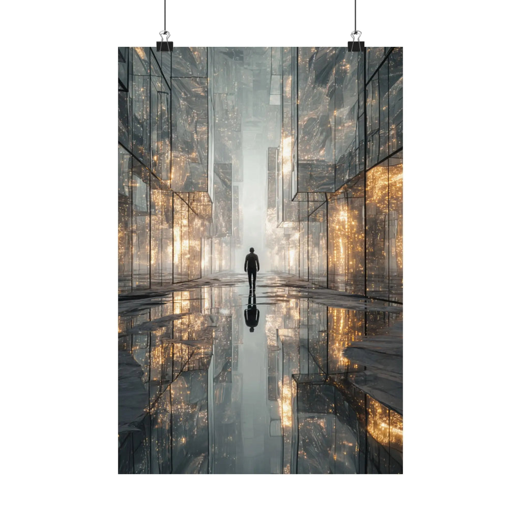 Futuristic Cityscape Satin Poster — Reflective Urban Night Art Print Printify