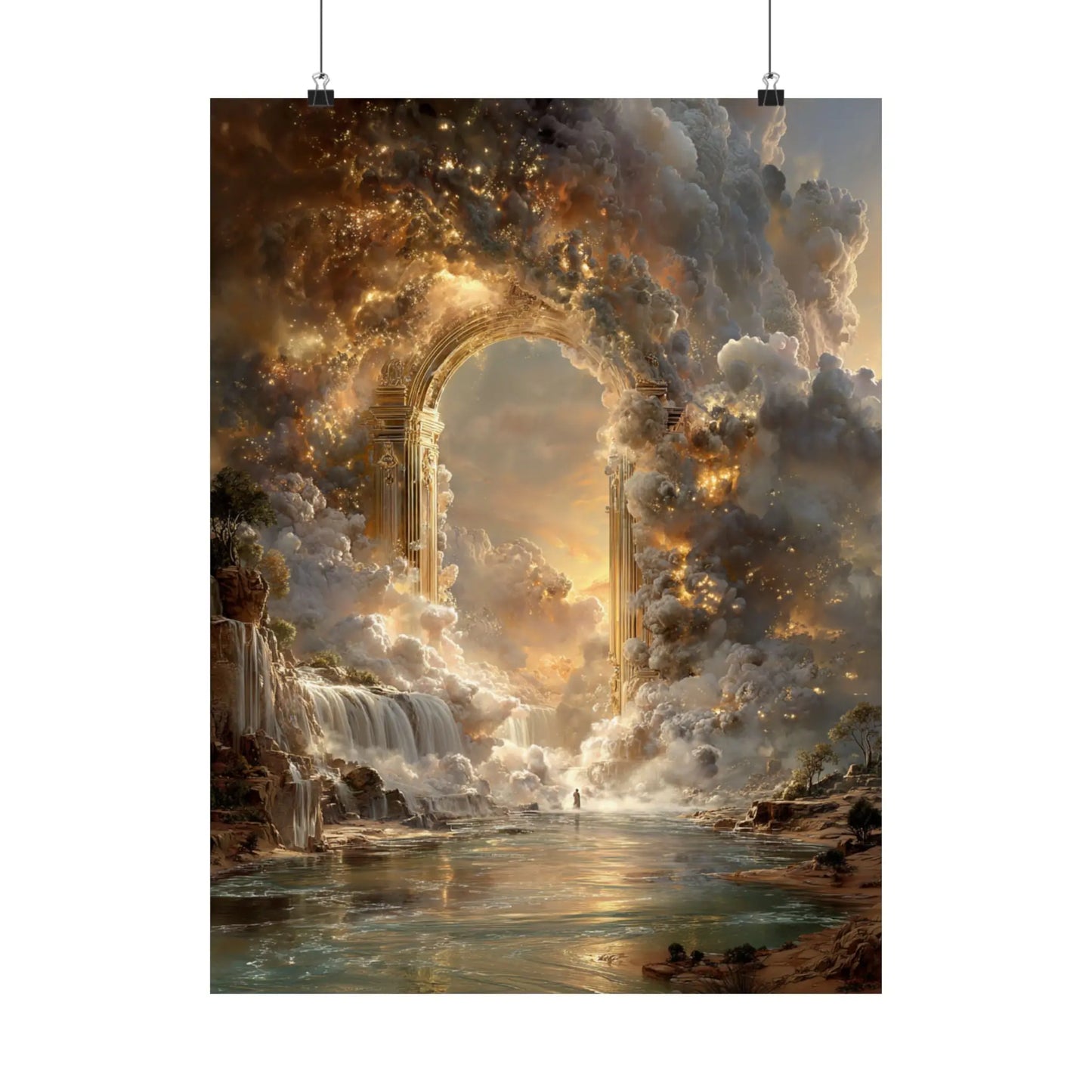 Heavenly Arch Satin Poster — Ethereal Golden Clouds & Waterfall Wall Art Printify