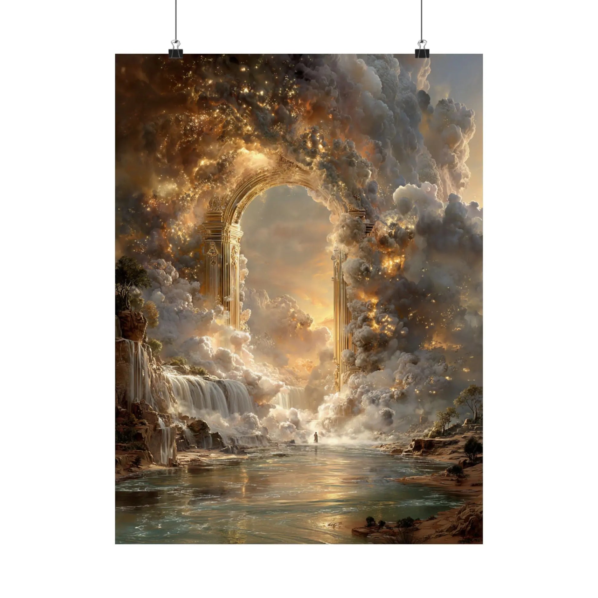 Heavenly Arch Satin Poster — Ethereal Golden Clouds & Waterfall Wall Art Printify