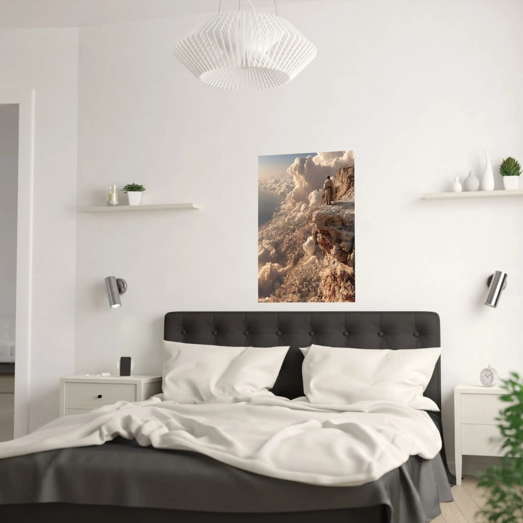 Satin Poster — Solitary Figure on Cliff Above Golden Clouds (210gsm) Printify