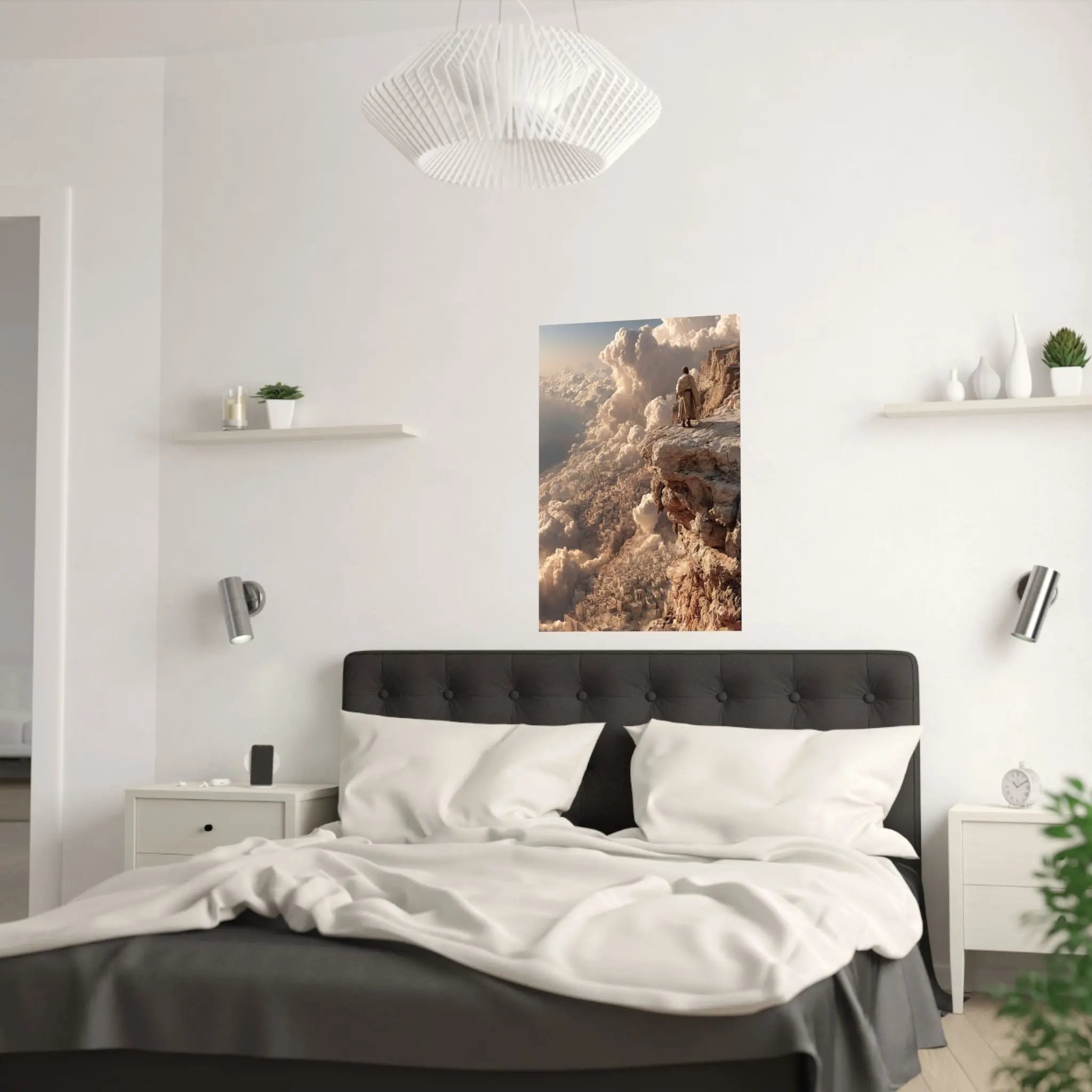 Satin Poster — Solitary Figure on Cliff Above Golden Clouds (210gsm) Printify