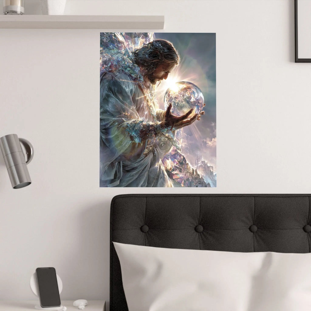 Jesus Holding the World Satin Poster — Spiritual Christian Wall Art Printify