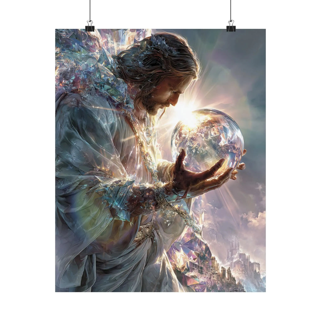 Jesus Holding the World Satin Poster — Spiritual Christian Wall Art Printify