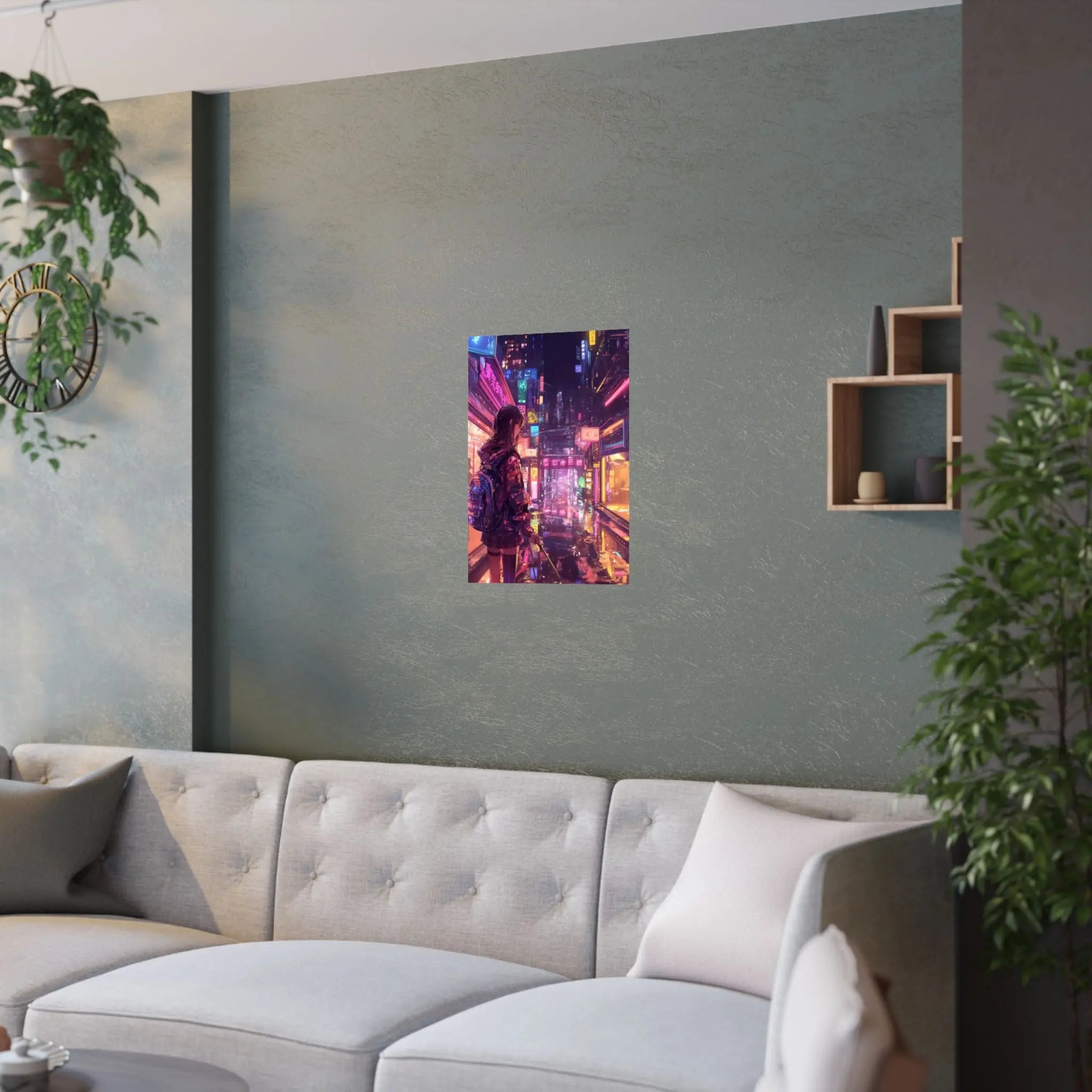 Satin Poster — Neon Cyber City Girl (210gsm) Printify