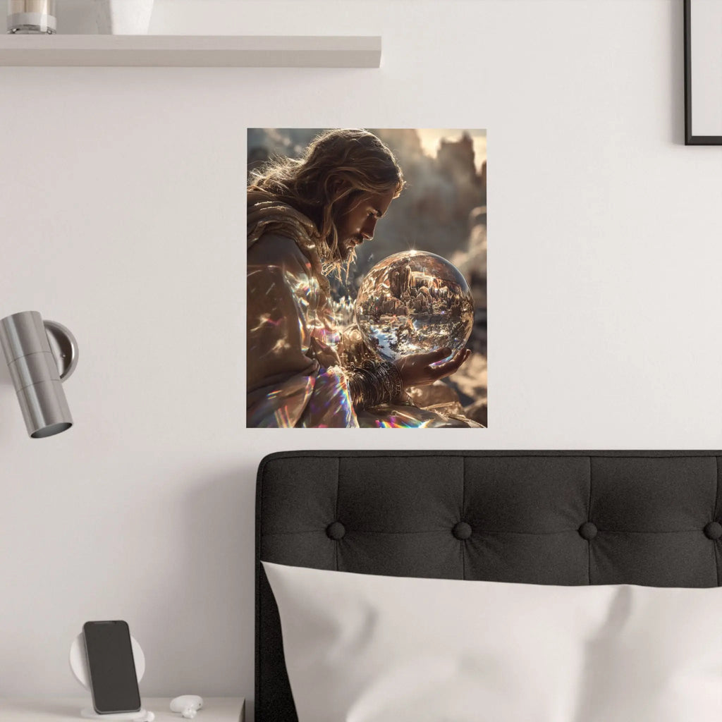 Satin Poster — Mystic Jesus Holding Crystal Orb Art Print Printify