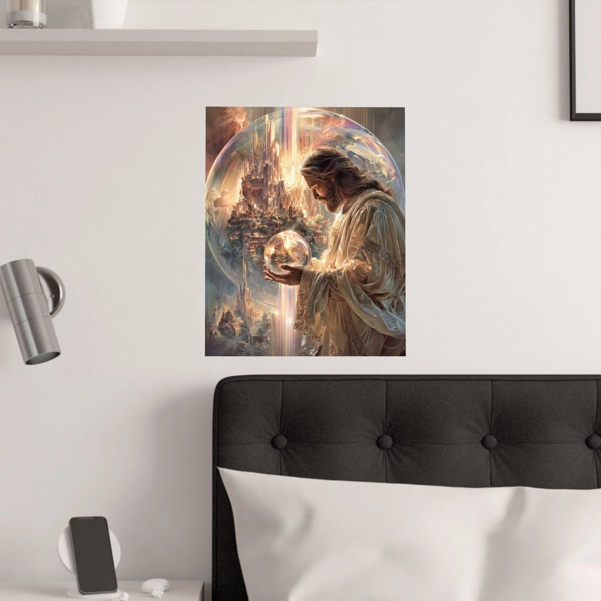 Satin Poster — Jesus The Spiritual Guardian Holding Lighted Globe (210gsm) Printify