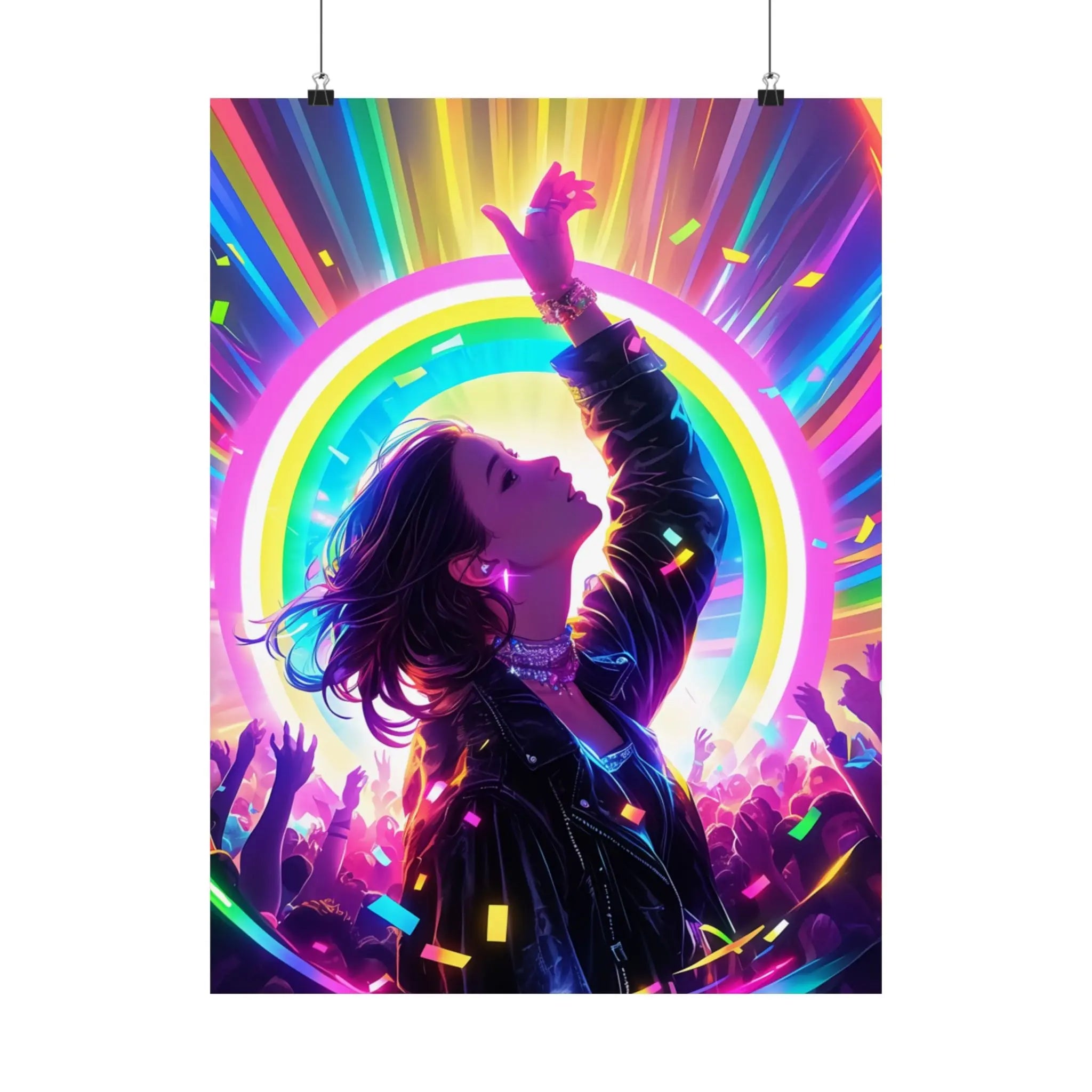 Satin Poster — Neon Concert Girl Rainbow Art Print Printify