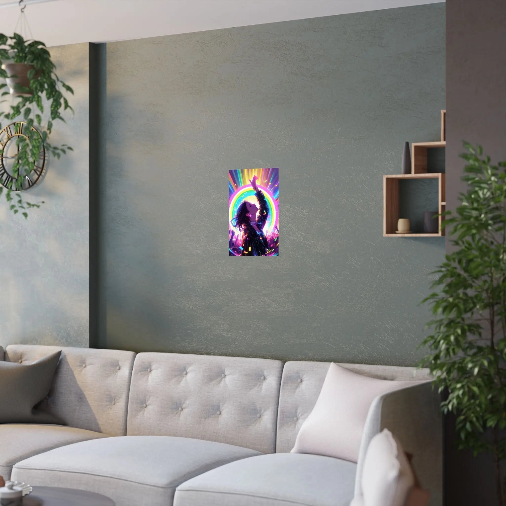 Satin Poster — Neon Concert Girl Rainbow Art Print Printify