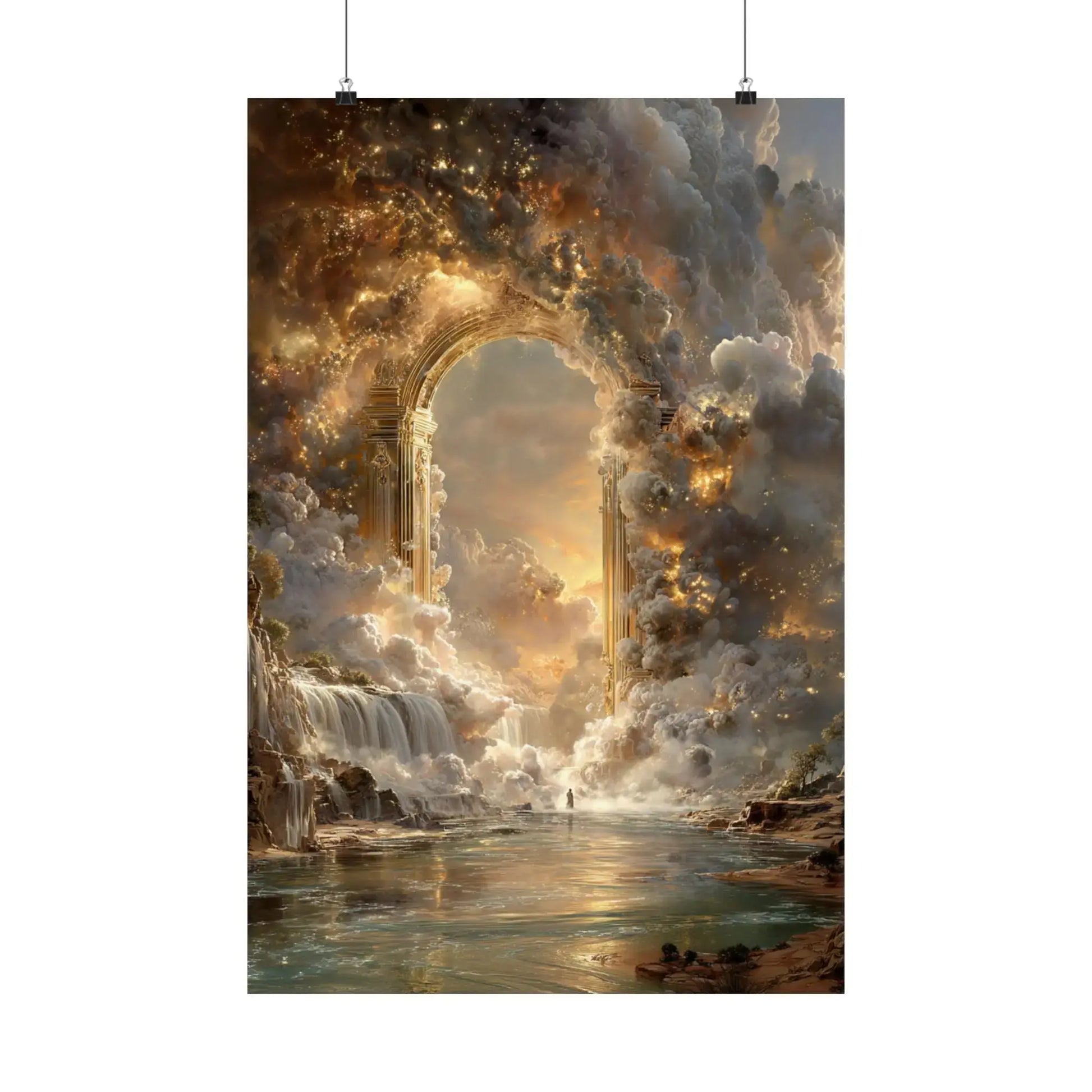 Heavenly Arch Satin Poster — Ethereal Golden Clouds & Waterfall Wall Art Printify