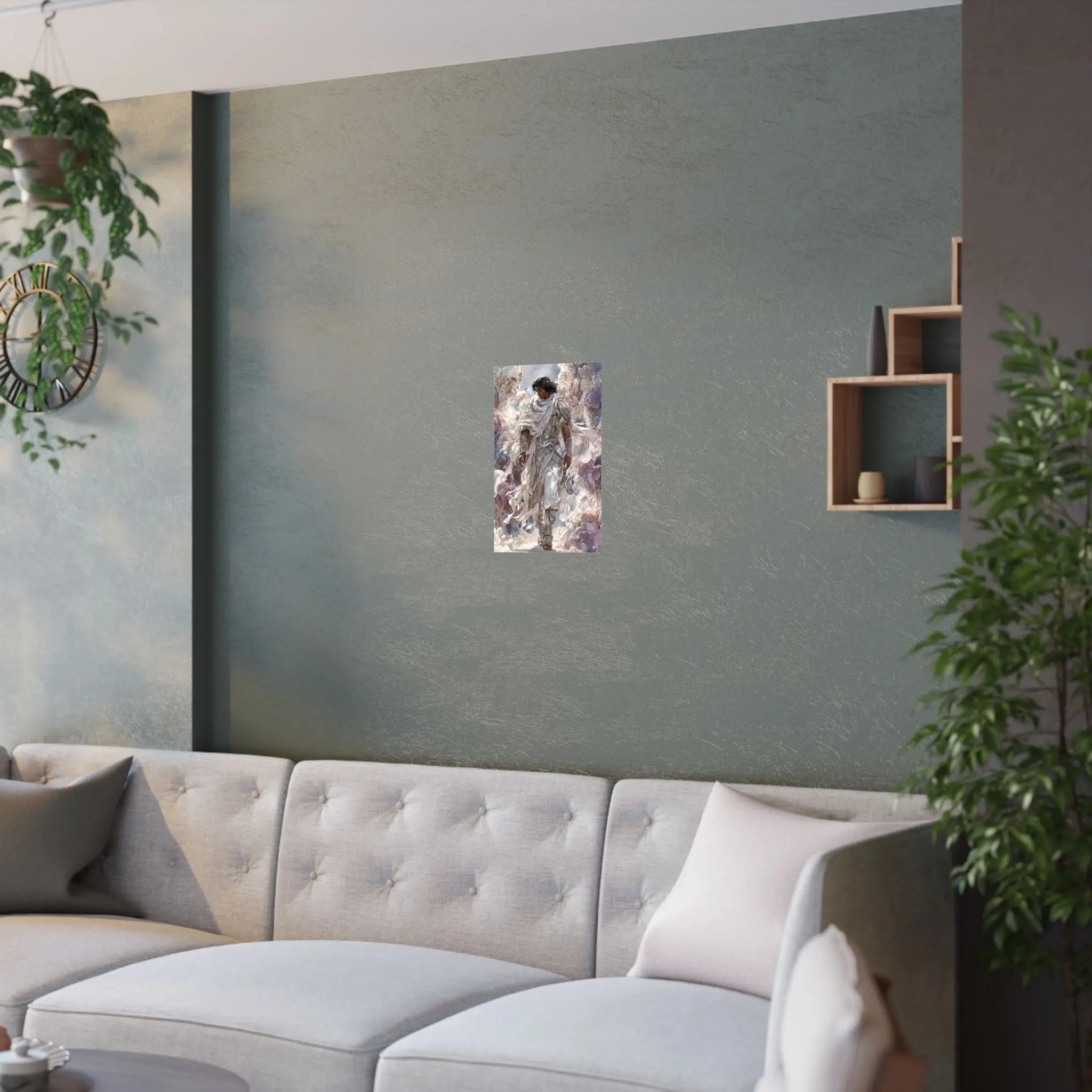 Angelic Figure Satin Poster — Ethereal Cloudscape Wall Art (210gsm) Printify