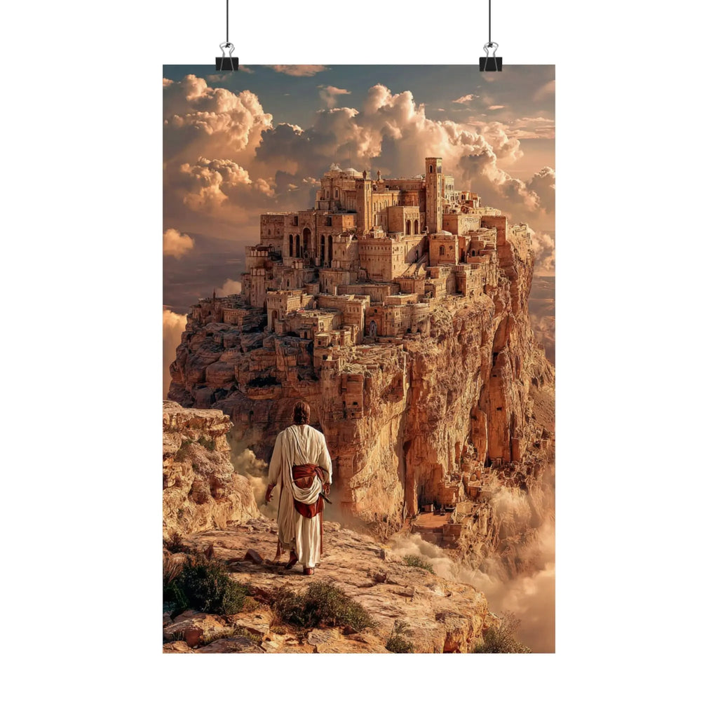 Satin Poster — Pilgrim Journey to Ancient Cliff City (210gsm) Printify