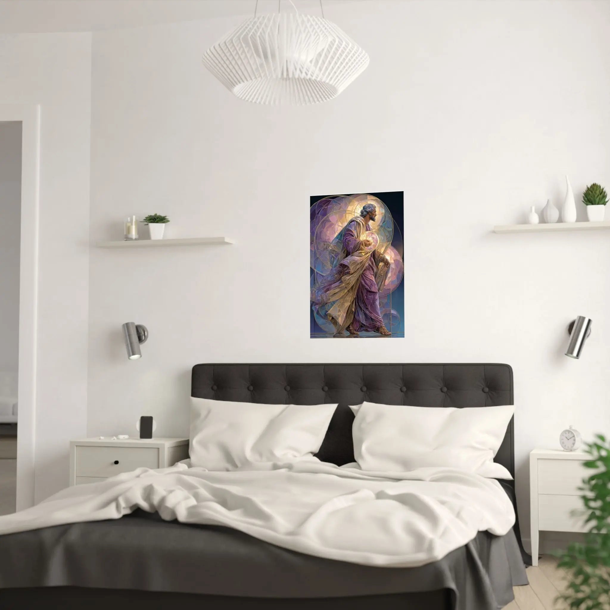 Religious Art Poster — Stained-Glass Saint Holding Orb Satin Print Printify