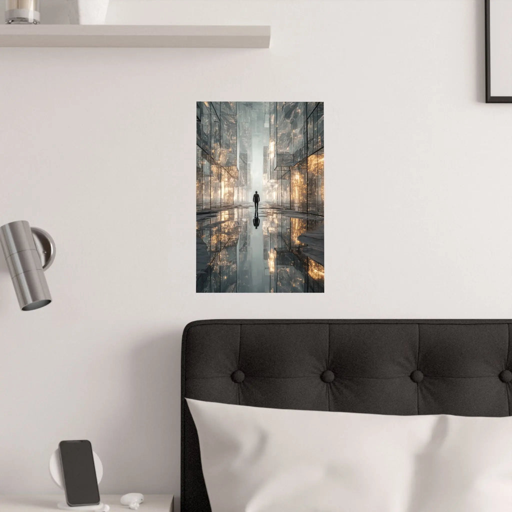 Futuristic Cityscape Satin Poster — Reflective Urban Night Art Print Printify