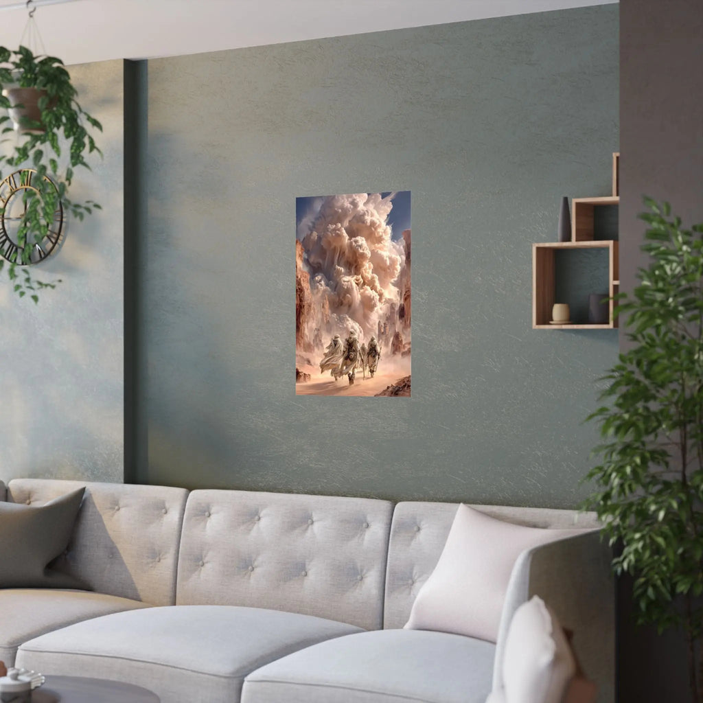 Desert Pilgrimage Satin Poster — Dramatic Sandstorm Fantasy Wall Art Printify