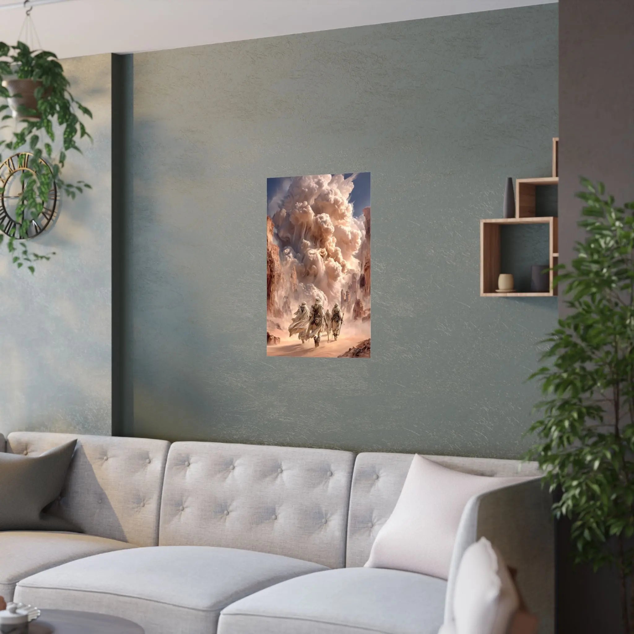 Desert Pilgrimage Satin Poster — Dramatic Sandstorm Fantasy Wall Art Printify