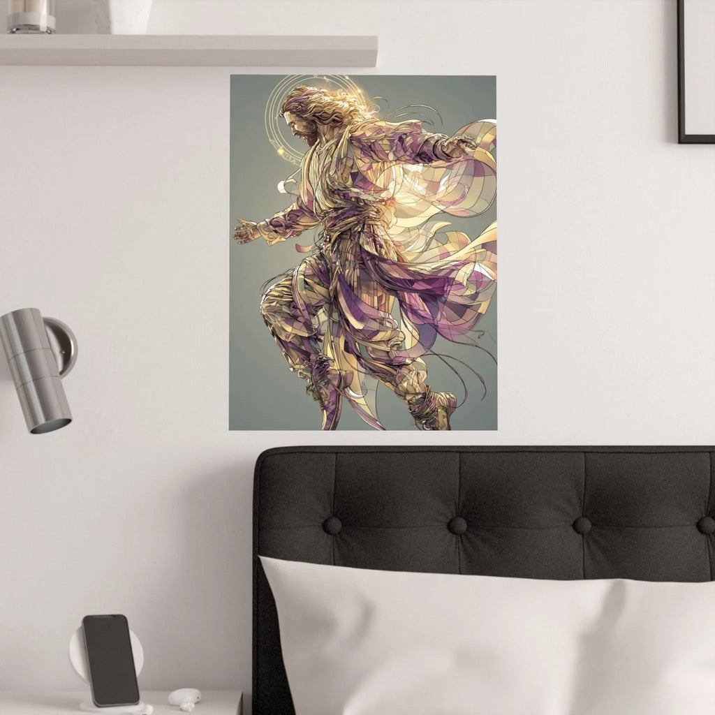 Jesus Christ Satin Poster — Ethereal Gold & Purple Religious Wall Art Printify