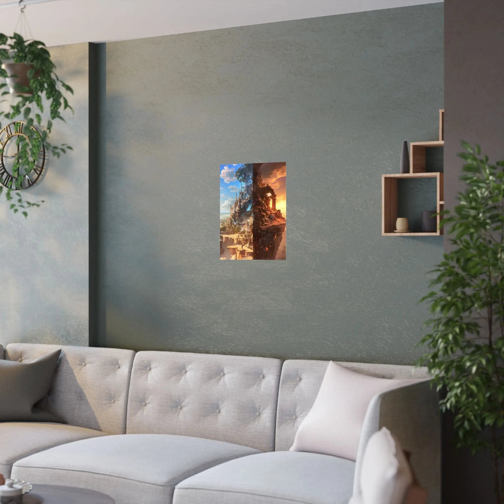 Fantasy Split-World Satin Poster (210gsm) — Day & Night Landscape Art Print Printify