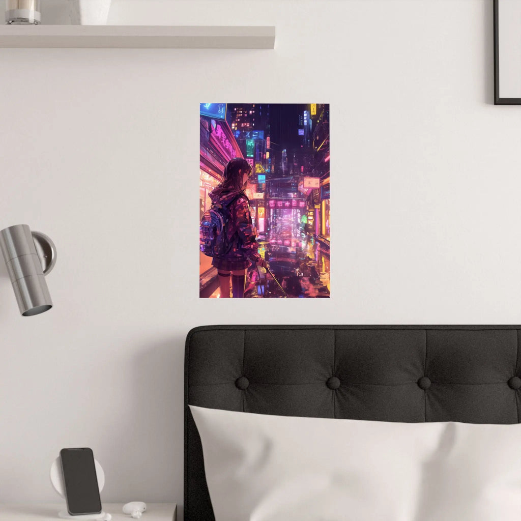 Satin Poster — Neon Cyber City Girl (210gsm) Printify