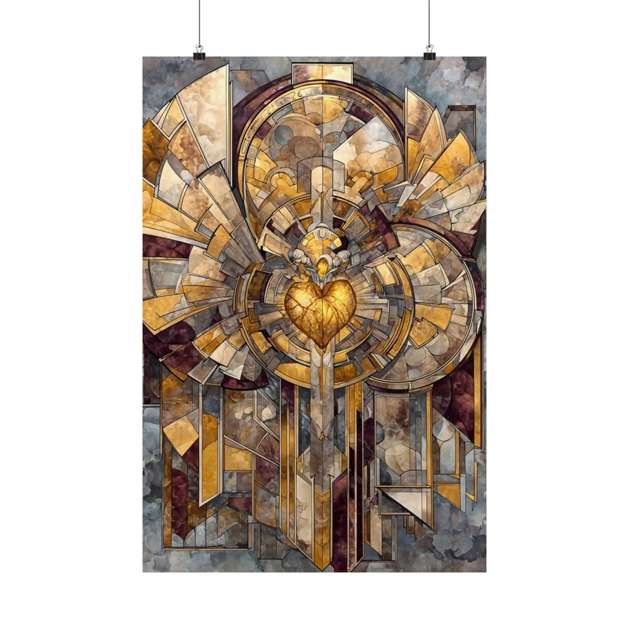 Satin Poster — Golden Sacred Heart Stained-Glass Art Print Printify