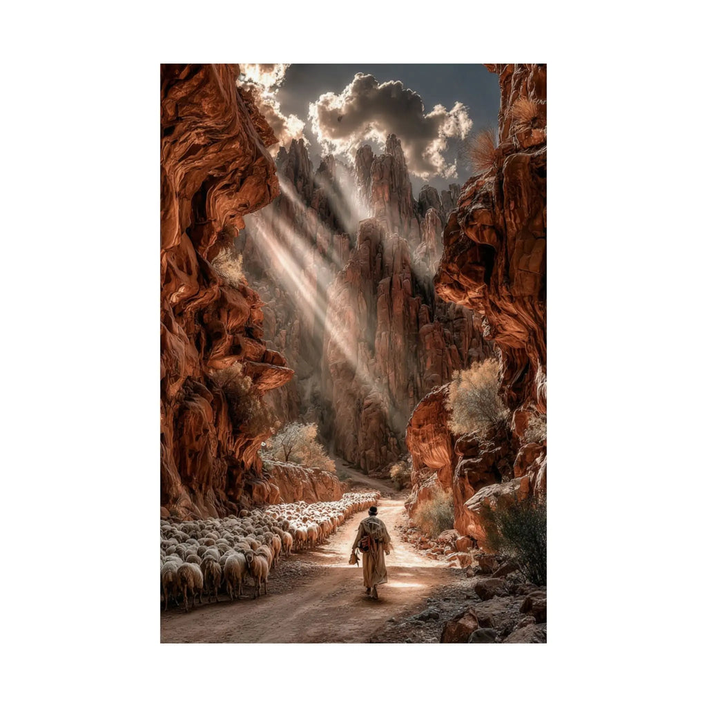 Satin Poster — Shepherd in Sunlit Canyon Art Print Printify