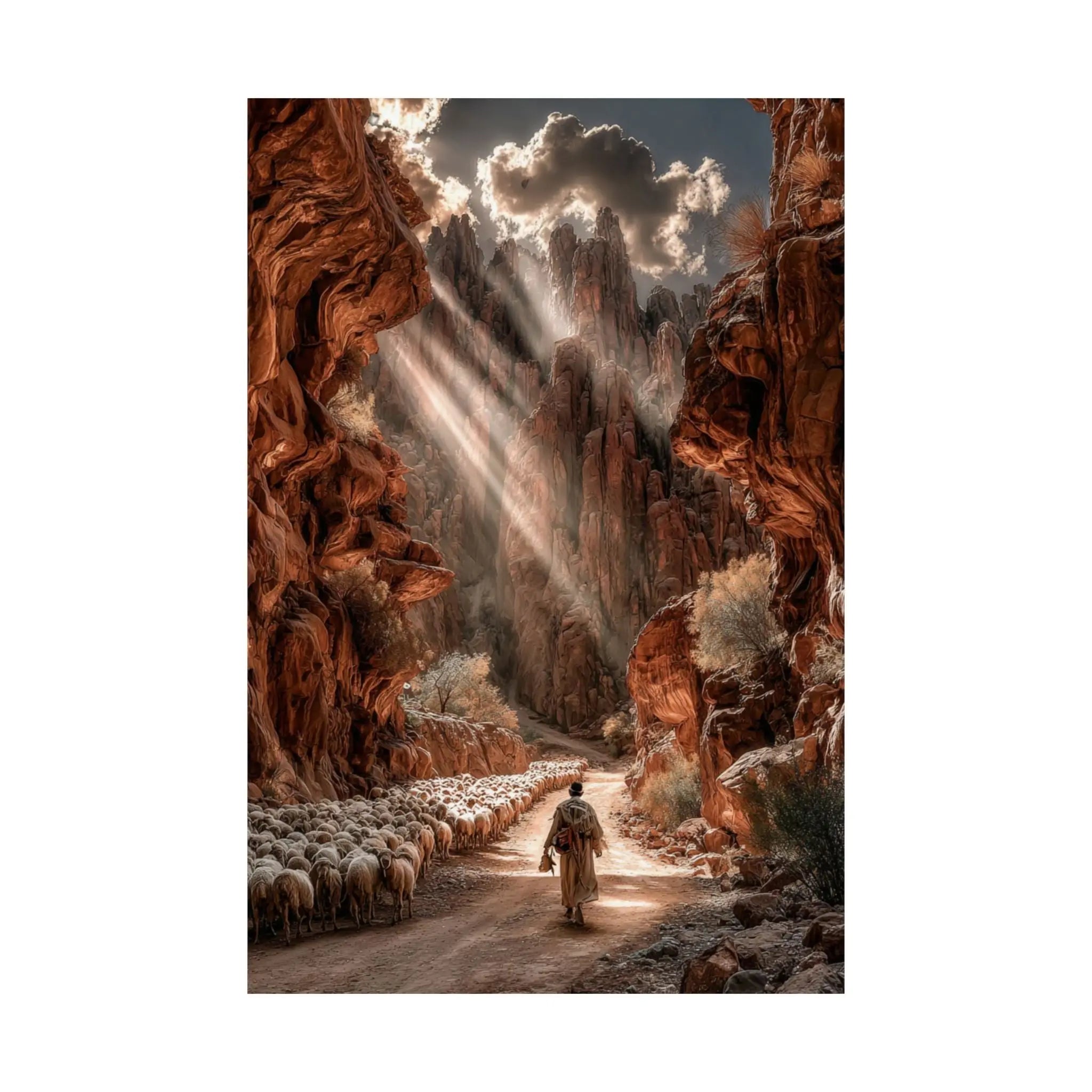 Satin Poster — Shepherd in Sunlit Canyon Art Print Printify