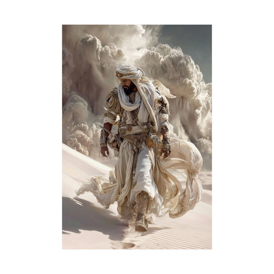 Desert Nomad Satin Poster — Dramatic Middle Eastern Wanderer Art Print