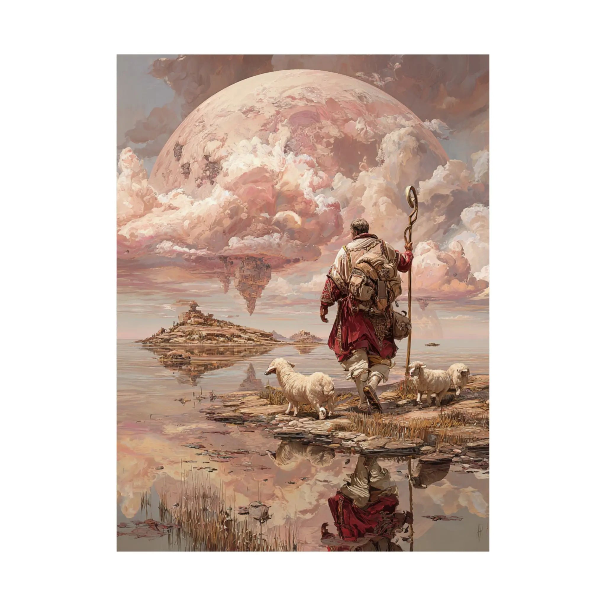 Shepherd of the Moon Satin Poster — Fantasy Landscape Art Print Printify
