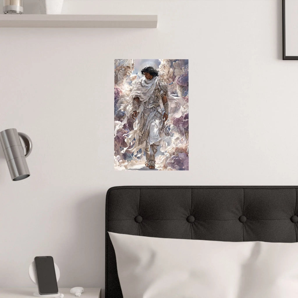 Angelic Figure Satin Poster — Ethereal Cloudscape Wall Art (210gsm) Printify