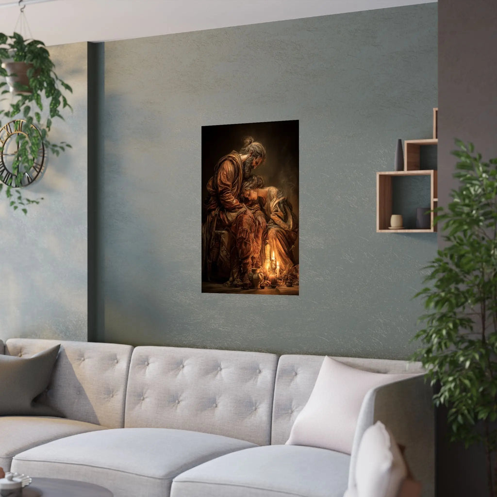 Satin Poster — Tender Candlelit Embrace Vintage Biblical Art Print Printify