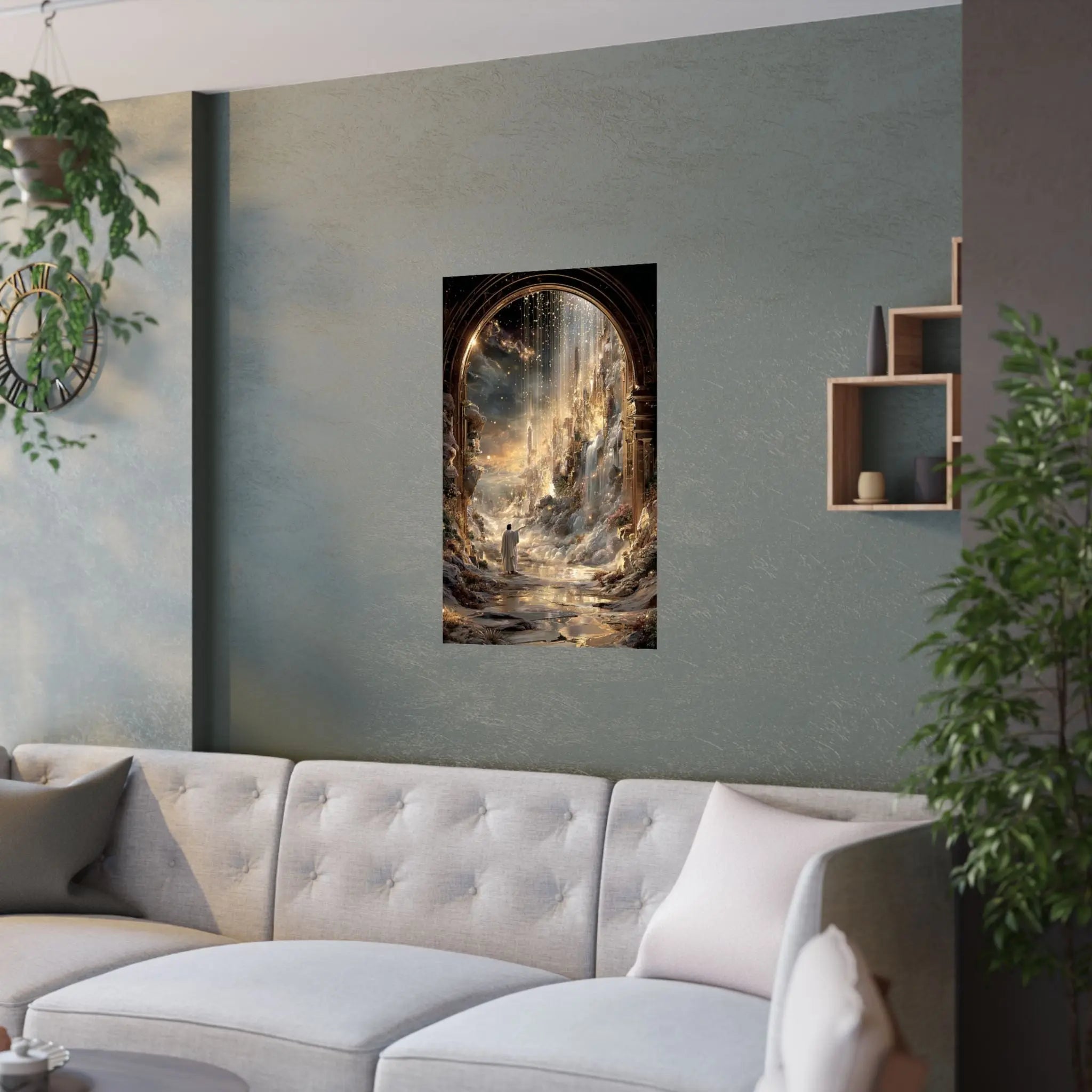 Celestial Gateway Satin Poster — Ethereal Golden Landscape Wall Art Printify