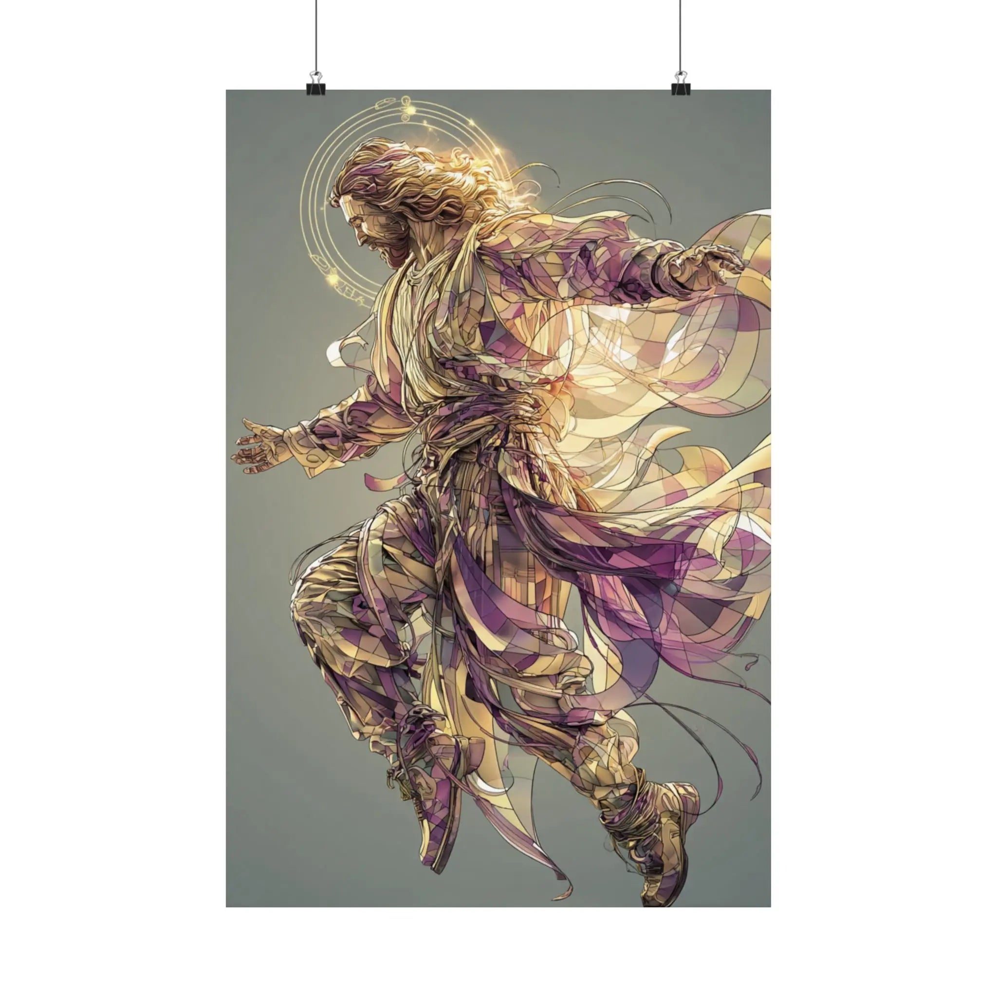 Jesus Christ Satin Poster — Ethereal Gold & Purple Religious Wall Art Printify