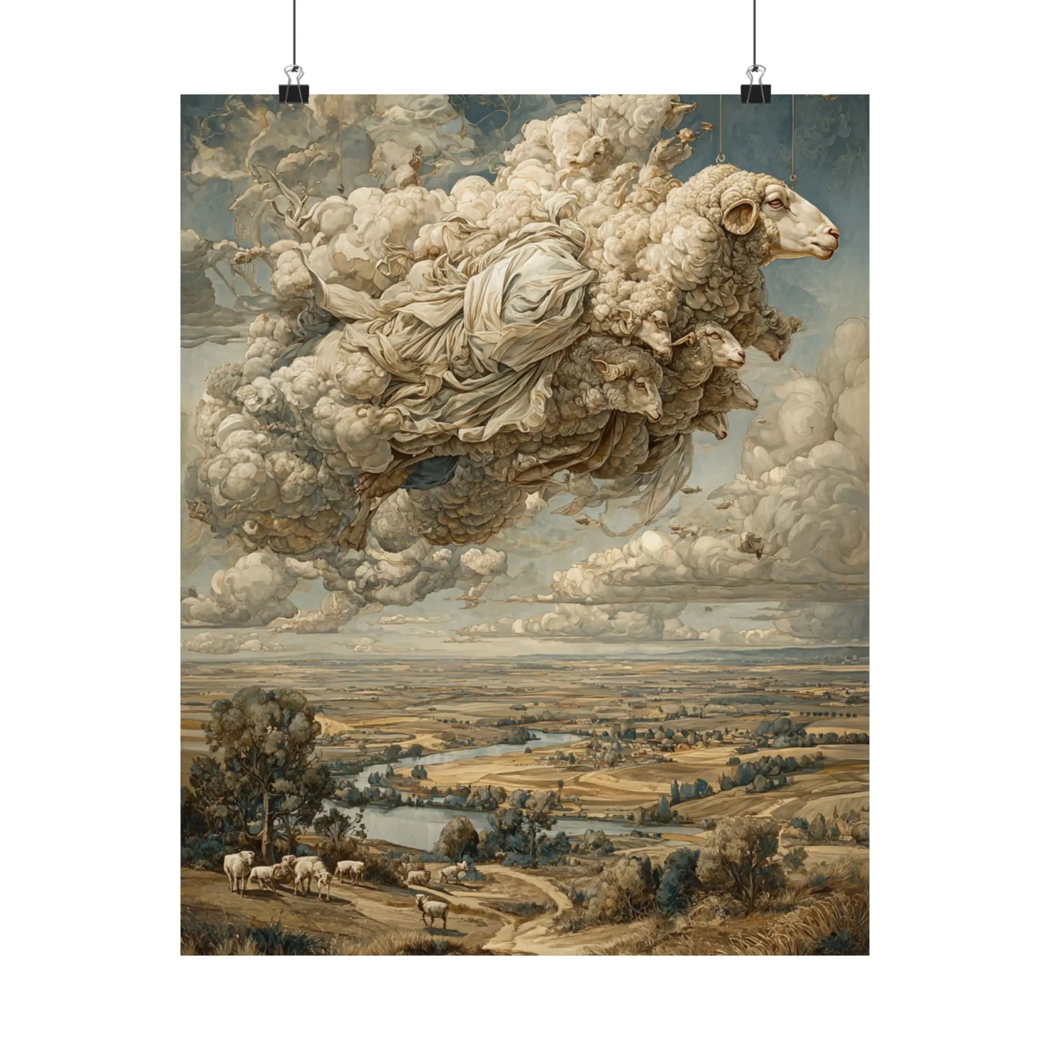 Surreal Cloud Sheep Satin Poster — Dreamscape Landscape Art Print Printify