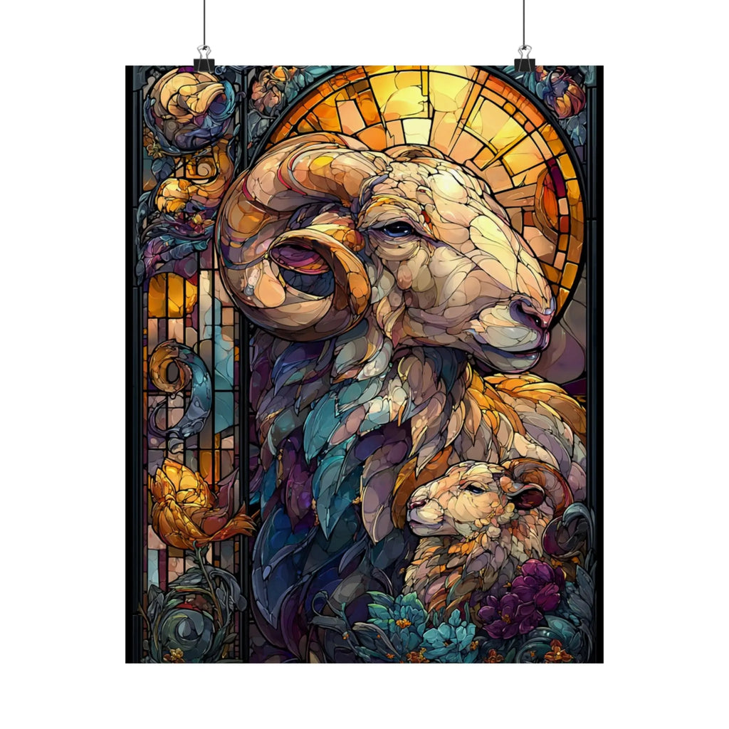 Stained Glass Ram Satin Poster — Zodiac Aries Art Print Printify