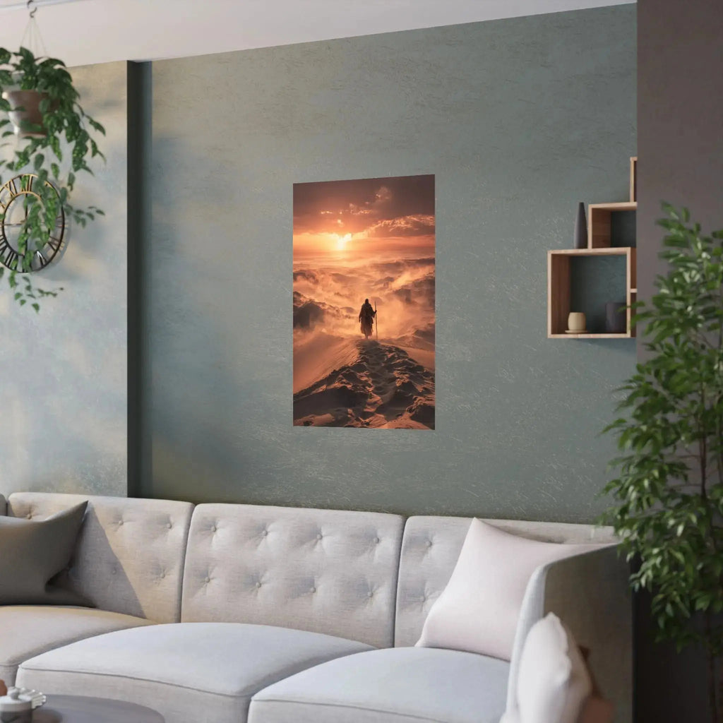 Desert Wanderer Satin Poster — Dramatic Sunset Silhouette Wall Art Printify